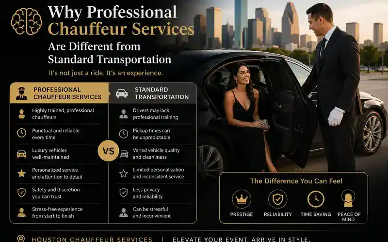 Professional chauffeur services compared to standard transportation with luxury black car, executive chauffeur, and premium event transportation experience in Houston 